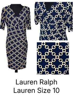 Lauren Ralph Lauren Wrap Dress Navy Blue Gold Chains 10 Classic Preppy Stretch